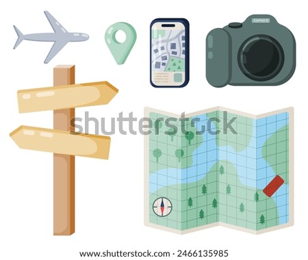 Summer vacation travel set of isolated elements. Directional sign, airplane, geotag, cellphone, camera and map on white background. Flat style vector illustration.