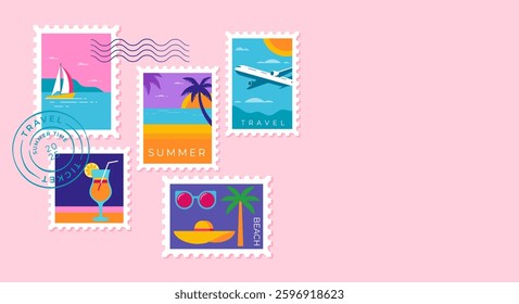 Summer Vacation Travel Stamps. Envelope Background with Beach and Holiday Icons. Vector Illustration
