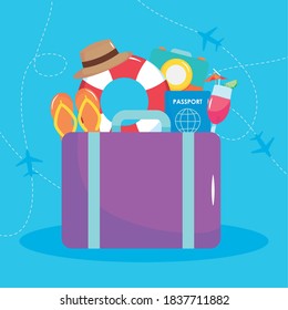 viaje de vacaciones de verano, maleta float pasaporte cóctel de cámara sandalias de cámara vectorial ilustración