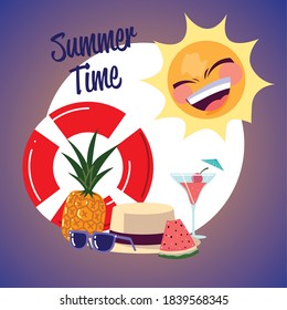 Sommerurlaub Reisen, Sonnenseeschlitten Wassermelone und Cocktailbanner Vektorgrafik detailliert