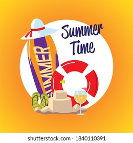 summer vacation travel, surfboard float sandcastle hat cocktail label vector illustration detailed