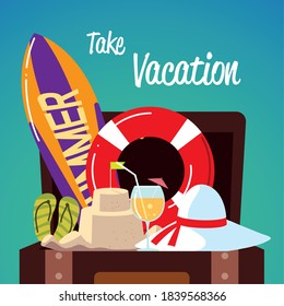 summer vacation travel, surfboard suitcase hat sandals card vector illustration detailed