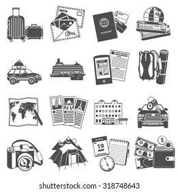 Summer vacation travel symbols icons set of transportation and sightseeing guide map black abstract isolated vector illustration