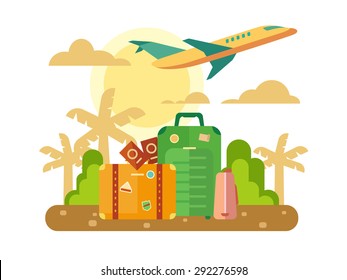 Summer vacation, travel theme with luggage and plane flying out on sunset background concept flat vector illustration.