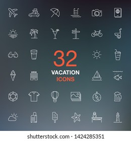 Summer vacation and travel thin line icon set. White icons on a dark background.