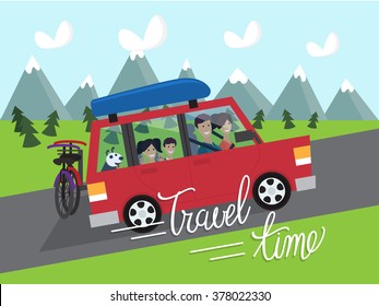 Summer vacation travel. time. Family trip by car. Vector illustration