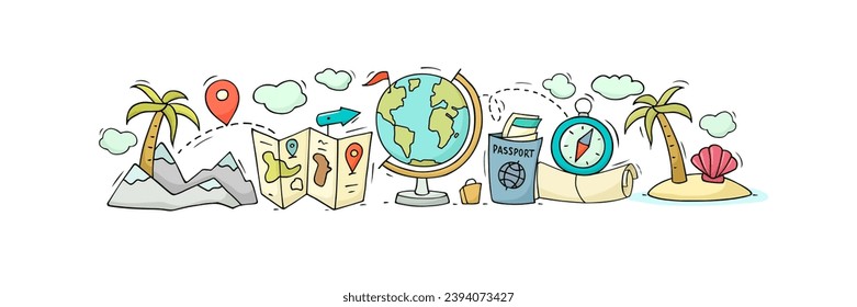 Summer vacation, travel, trip concept with doodle world map, globe, suitcase, passport with tickets and compass. Tourism, journey poster with mountains and palm trees, vector sketch illustration