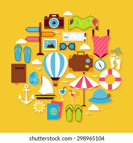 Summer Vacation and Travel Vector Flat Design Circle Shaped Objects Set with Shadow.Flat Design Vector Illustration. Collection of Summer Holidays and Beach Resort Colorful Objects. 