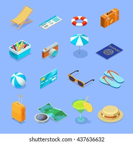 Summer vacation travel vintage accessories isometric icons collection with sunglasses straw hat and suitcase isolated vector illustration 