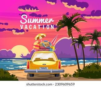 Summer Vacation, travel yellow car with luggage bags, surfboard on the beach. Tropical seachore sunset, sea, ocean, back view. Vector illustration retro cartoon