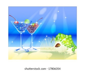 Summer Vacation - traveling in tropical island resort with beautiful sunshine and sweet cocktails on a background of romantic blue sky and water : vector illustration