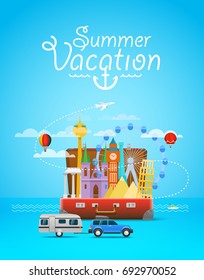  Vacaciones de verano. Composición de viaje de vacaciones con la bolsa abierta