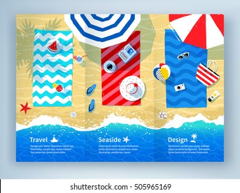 Summer Vacation Tri-fold Brochure Design With Vector Illustration Of Beach Mats And Seaside Accessories On Sand Background And Sea Surf.