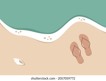 Summer vacation, a tropical beach top view, a pair of flip flops on the shore, sand and turquoise water