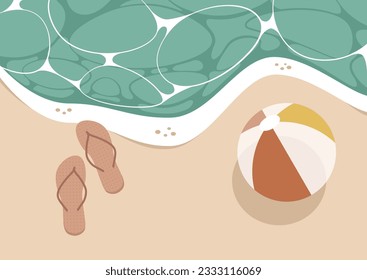 Summer vacation, a tropical beach top view, a pair of flip flops on the shore, an inflatable ball, sand and turquoise water