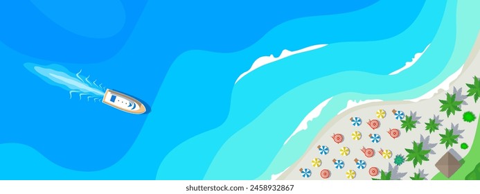 summer vacation tropical beach with umbrellas sailing boat  in sea top aerial view vector illustration