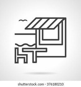 Summer vacation in a tropical country. Relax at the beach. Cafe, bar and bungalows on ocean or sea coast. Vector icon simple black line style. Single design element for website, business.