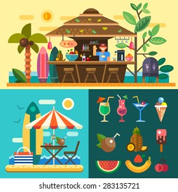 Summer vacation in a tropical country. Relaxing at the beach, cafe-bar bungalows on the ocean coast. Vector flat illustration