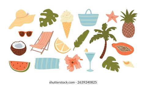 Summer vacation at tropical island resort icons set with lounge area accessory and refreshment drinks, sweet snacks vector illustration. Carefree summertime travel, tourism and paradise relaxation