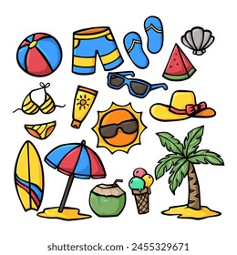 Summer vacation tropical lifestyle detailed handdrawn doodle illustration set