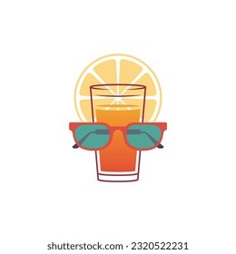 Sommerferien tropische Orangenscheibe mit Sonnenbrillen 80er Jahre Vintage Logo auf Hemddruck Vektorgrafik flach. Exotische Frischobst-Cocktail-Brille Strandurlaub-Symbol
