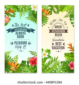 Summer vacation in tropical rainforest 2 vertical banners with hibiscus and bird paradise plants flowers isolated vector illustration  