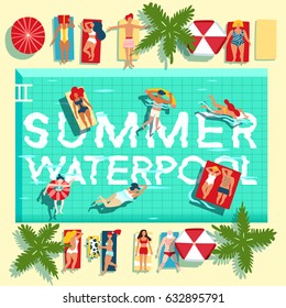 Summer vacation tropical resort swimming pool top view flat poster with swimming and sunbathing people vector illustration 