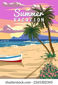 Summer Vacation, Tropical Summer Sunset Travel Poster, ocean, sea, palms, sky, beach. Tourism concept template