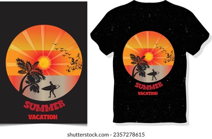  Summer Vacation t-shirt and apparel trendy design with palm trees silhouettes, typography, print, vector illustration. 