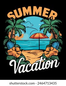 summer vacation t-shirt design, in black background, typography, photo, illustration, fashion, vibrant