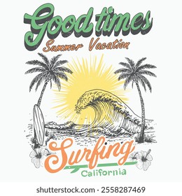 Summer Vacation. summer t-shirt design. retro prints. print design. t shirt design. girls graphics. fashion design. big waves. palm tree beach. hand drawn. surf surfboard. sunset beach. beach vector.