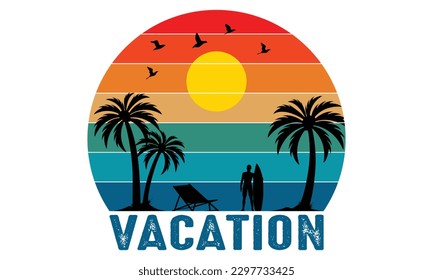 Summer Vacation T-shirt Design - Vector Illustration Isolated On White Background. T-shirt Design. Love Summer Vacation. For Stickers, T-shirts, Mugs, Poster, Travel, Outdoor, Beach, Paradise, Surfing