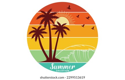 Summer Vacation T-shirt Design Vector Illustration and apparel vector design, print, typography, poster, emblem with palm trees. With Surfing Man, Vector Print Design Artwork, Summer T-shirt, Surf