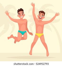  Vacaciones de verano. Dos jóvenes están saltando al fondo de la playa. Ilustración vectorial en estilo de caricatura