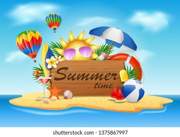 Summer vacation, typographic illustrations on beach island with vintage wooden background. vector illustration