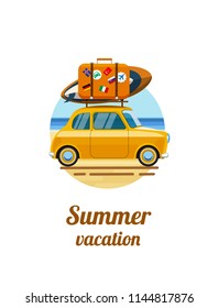 Summer vacation. Vacations on the beach. Relax on the beach. Relax on the beach of the sea. Car by the sea with luggage. Summer tourism, travel. Flat style. Flat design. Vector illustration Eps10 file