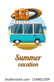 Summer vacation. Vacations on the beach. Relax on the beach. Relax on the beach of the sea. Car by the sea with luggage. Summer tourism, travel. Flat style. Flat design. Vector illustration Eps10 file