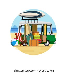 Summer vacation. Vacations on the beach. Car to rest on the sea beach. Car by the sea with luggage on white background. Summer tourism, relax, travel. Flat style and design