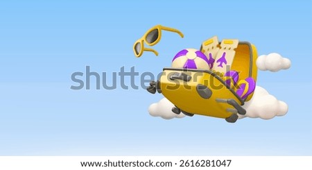 Summer vacation vector 3d banner design. Open suitcase flying in the sky, with ball, flip flops, airplane tickets and sunglasses. Beach vacation cartoon concept, travel journey design
