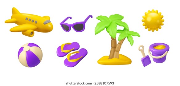 Summer vacation vector 3d icon set. Cartoon sea beach elements render isolated on white background. Airplane, flip flops, inflatable ball, sunglasses, sand island with palm trees and sun