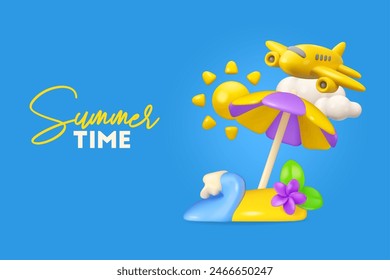 Summer vacation vector 3d web banner. Travel holiday sale, hotel promotion poster template. Beach and ocean wave, airplane in the sky