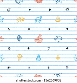 Summer Vacation Vector Background. Hand Drawn Doodle Summer Sea Various icons Seamless Pattern 