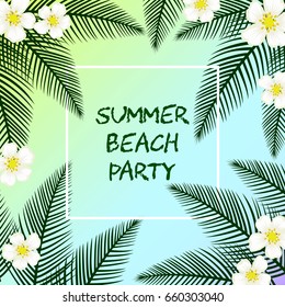 Summer vacation vector background with palm leaves and white flowers.