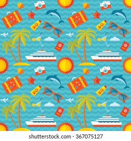 Summer vacation vector background seamless pattern in flat style. Travel. Resort. Sea. Design elements. 