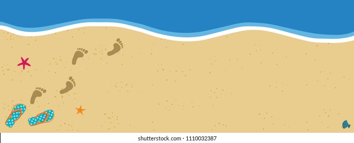 Summer vacation vector banner border frame with pair of flip flops and human barefoot  foot prints on sand going into water. Sandy sea beach with footprints and shells template with copy space.