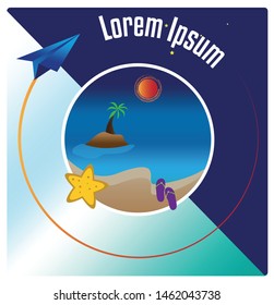 Summer vacation vector banner and logo design with circle for text and colorful beach elements. Direction for vacations way and muslims holiday text. Flying and paper airplane.