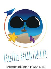 Summer vacation vector banner and logo design with circle for text and colorful beach elements. Direction for vacations way and muslims holiday text. Flying and paper airplane.