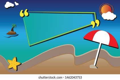 Summer vacation vector banner and logo design with circle for text and colorful beach elements. Direction for vacations way and muslims holiday text. Flying and paper airplane.