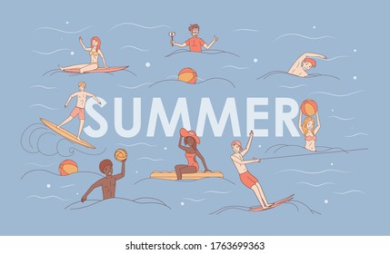 Summer vacation vector cartoon outline banner concept. Water sport and activity. People in swimsuits swimming in the sea, ride on surfboards, kitesurfing, play water polo, make underwater photography.