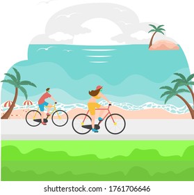 Summer vacation vector concept: couple wearing face masks while cycling together at the beach